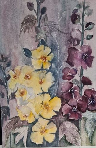 Christine M. Hollyhocks, watercolour & graphitint.